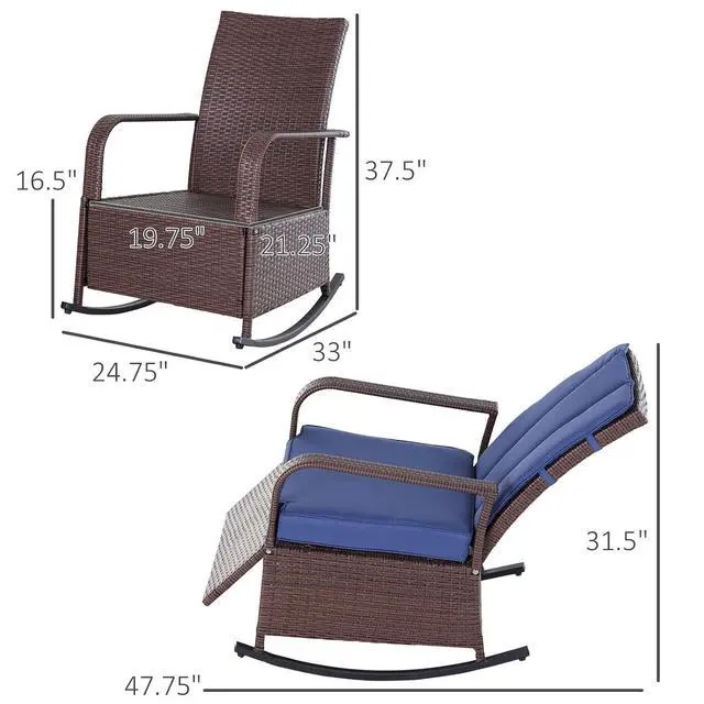 Alt view image 3 of 7 - Wicker Outdoor Rocking Chair, Patio Recliner with Cushions Blue | Adjustment Backrest, PE Rattan Lounge Chair, Adjustable Footrest, Garden, Backyard, Porch