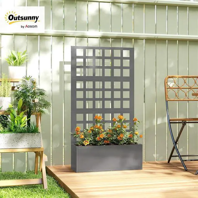 Alt view image 2 of 7 - Galvanized Raised Garden Bedw/Trellis 24"x9"x44.5" Gray | Metal Planter Box with Drainage Holes, Outdoor Privacy Screen, Planter with Trellis, Climbing Plants, Vegetable, Vines