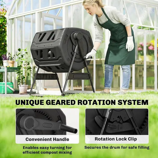 Alt view image 4 of 7 - Compost Bin Outdoor, 53 Gal Dual Chamber Compost Tumbler, Black | 8 Adjustable Vents, BPA Free, Rotating Tumbling Composter, 2 Sliding Doors, Metal Frame, for Kitchen Garden Yard