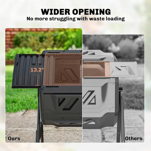 Alt view image 5 of 7 - Compost Bin Outdoor, 53 Gal Dual Chamber Compost Tumbler, Black | 8 Adjustable Vents, BPA Free, Rotating Tumbling Composter, 2 Sliding Doors, Metal Frame, for Kitchen Garden Yard