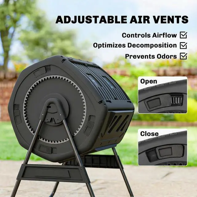 Alt view image 6 of 7 - Compost Bin Outdoor, 53 Gal Dual Chamber Compost Tumbler, Black | 8 Adjustable Vents, BPA Free, Rotating Tumbling Composter, 2 Sliding Doors, Metal Frame, for Kitchen Garden Yard