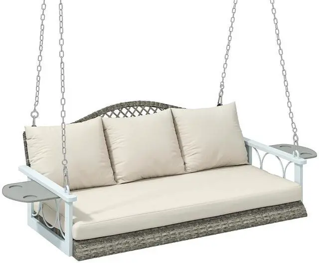 Main image of 3 Person Wicker Porch Swing Chair Heavy Duty 57 Inch Natural Wood | 800 LBS Capacity, Cup Holder, Cushions and Chains, Outdoor Rattan Patio Hanging Swing Bench, Garden Backyard