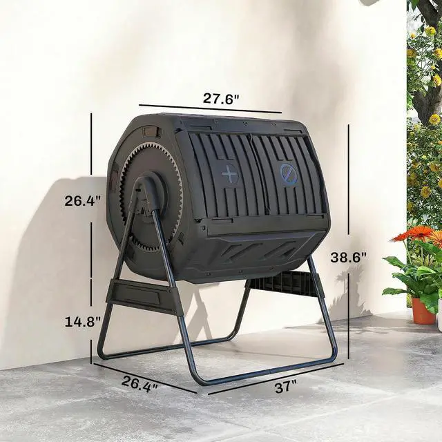 Alt view image 7 of 7 - Compost Bin Outdoor, 53 Gal Dual Chamber Compost Tumbler, Black | 8 Adjustable Vents, BPA Free, Rotating Tumbling Composter, 2 Sliding Doors, Metal Frame, for Kitchen Garden Yard