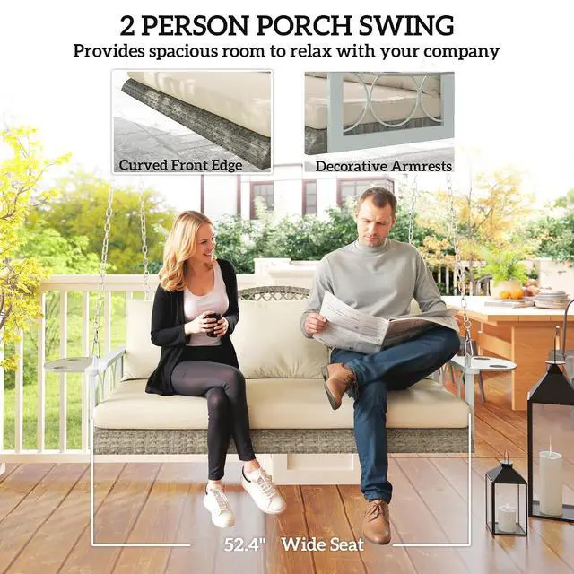 Alt view image 3 of 7 - 3 Person Wicker Porch Swing Chair Heavy Duty 57 Inch Natural Wood | 800 LBS Capacity, Cup Holder, Cushions and Chains, Outdoor Rattan Patio Hanging Swing Bench, Garden Backyard