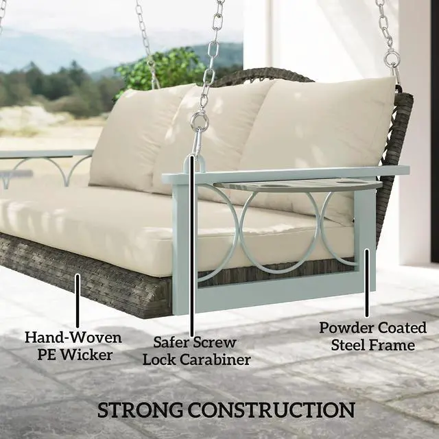 Alt view image 4 of 7 - 3 Person Wicker Porch Swing Chair Heavy Duty 57 Inch Natural Wood | 800 LBS Capacity, Cup Holder, Cushions and Chains, Outdoor Rattan Patio Hanging Swing Bench, Garden Backyard