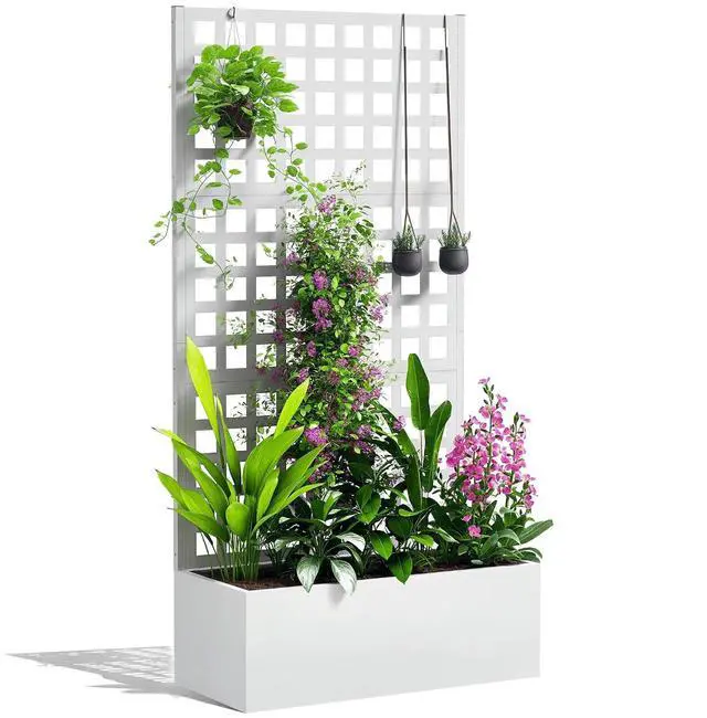 Main image of Galvanized Raised Garden Bedw/Trellis 35"x16"x70" White | Metal Planter Box with Drainage Holes, Outdoor Privacy Screen, Planter with Trellis, Climbing Plants, Vegetable, Vines