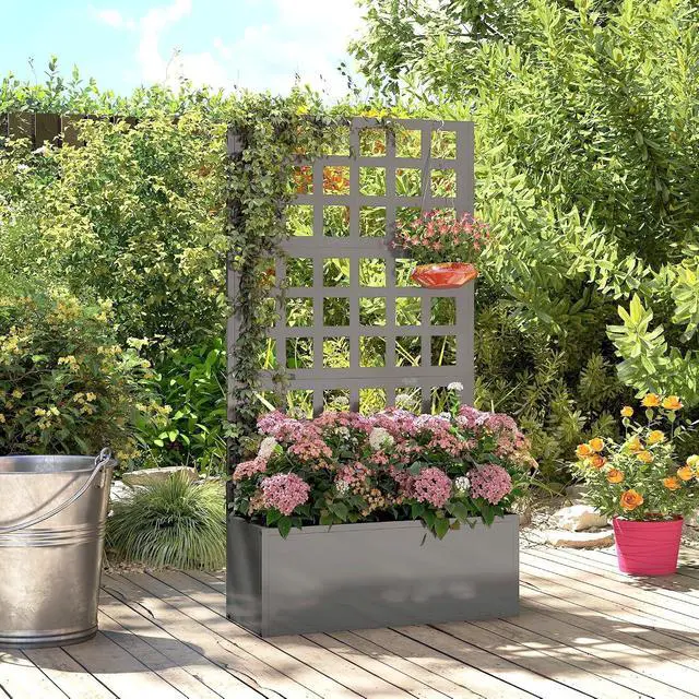 Alt view image 6 of 7 - Galvanized Raised Garden Bedw/Trellis 24"x9"x44.5" Gray | Metal Planter Box with Drainage Holes, Outdoor Privacy Screen, Planter with Trellis, Climbing Plants, Vegetable, Vines