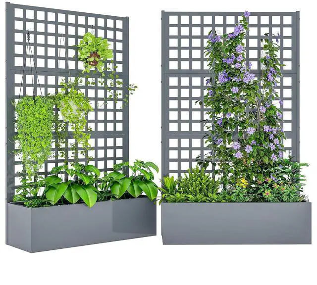 Main image of Galvanized Raised Garden Bed 43" x 16" x 70" Gray Wood Effect | with Trellis, Metal Planter Box with Drainage Holes, Outdoor Privacy Screen for Climbing Plants, Vegetable, Vines, 2 Pack