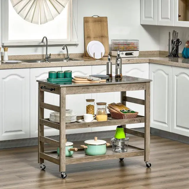 Alt view image 2 of 7 - Rolling Kitchen Cart with Stainless Steel Countertop, Grey | Kitchen Butcher Block Cart, 1 Bottom Shelf, 1 Slotted Middle Shelf, 4 Castor Wheels