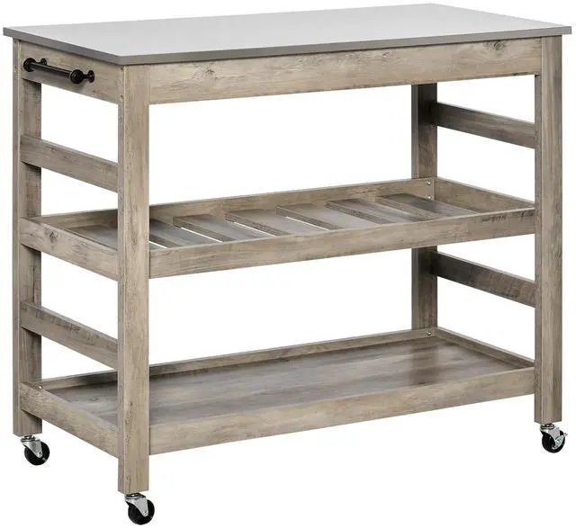 Main image of Rolling Kitchen Cart with Stainless Steel Countertop, Grey | Kitchen Butcher Block Cart, 1 Bottom Shelf, 1 Slotted Middle Shelf, 4 Castor Wheels