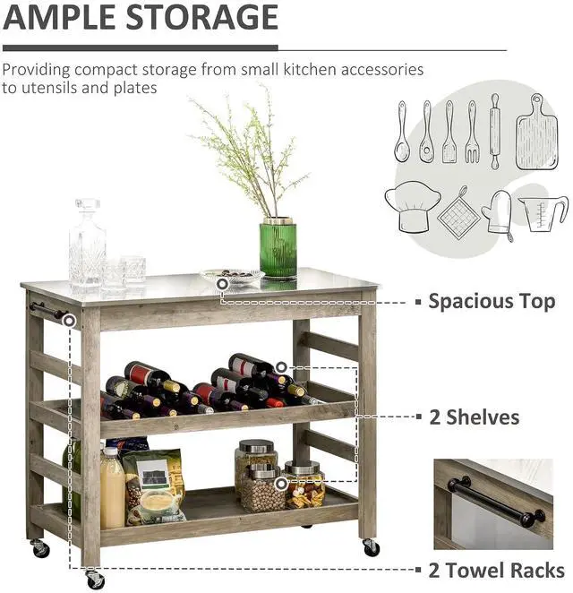 Alt view image 3 of 7 - Rolling Kitchen Cart with Stainless Steel Countertop, Grey | Kitchen Butcher Block Cart, 1 Bottom Shelf, 1 Slotted Middle Shelf, 4 Castor Wheels