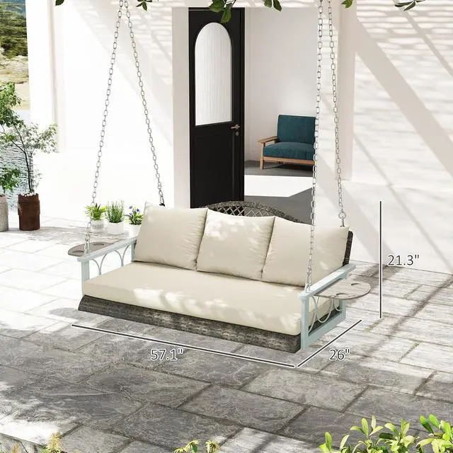Alt view image 7 of 7 - 3 Person Wicker Porch Swing Chair Heavy Duty 57 Inch Natural Wood | 800 LBS Capacity, Cup Holder, Cushions and Chains, Outdoor Rattan Patio Hanging Swing Bench, Garden Backyard