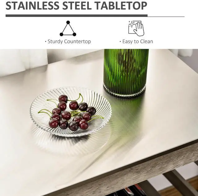 Alt view image 5 of 7 - Rolling Kitchen Cart with Stainless Steel Countertop, Grey | Kitchen Butcher Block Cart, 1 Bottom Shelf, 1 Slotted Middle Shelf, 4 Castor Wheels