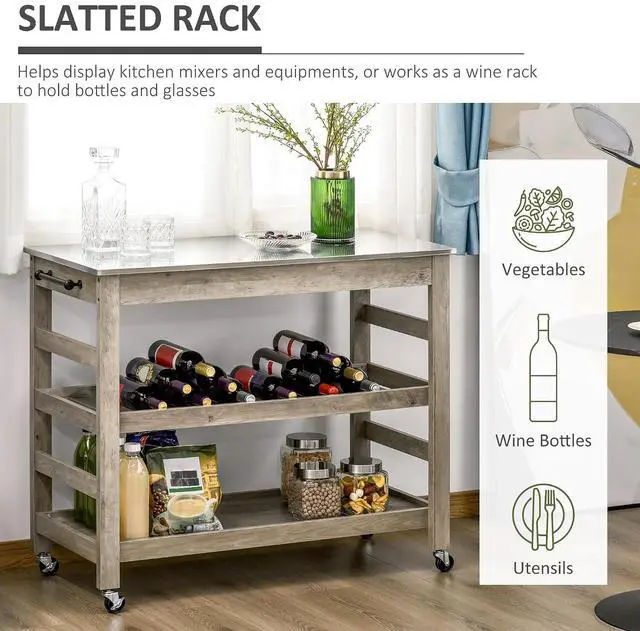Alt view image 6 of 7 - Rolling Kitchen Cart with Stainless Steel Countertop, Grey | Kitchen Butcher Block Cart, 1 Bottom Shelf, 1 Slotted Middle Shelf, 4 Castor Wheels