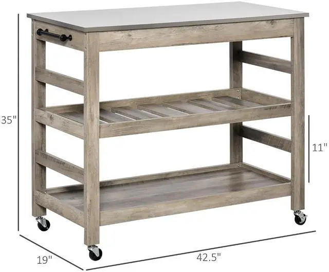 Alt view image 7 of 7 - Rolling Kitchen Cart with Stainless Steel Countertop, Grey | Kitchen Butcher Block Cart, 1 Bottom Shelf, 1 Slotted Middle Shelf, 4 Castor Wheels