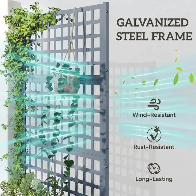 Alt view image 3 of 7 - Galvanized Raised Garden Bed 43" x 16" x 70" Gray Wood Effect | with Trellis, Metal Planter Box with Drainage Holes, Outdoor Privacy Screen for Climbing Plants, Vegetable, Vines, 2 Pack