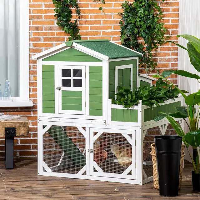 Alt view image 2 of 7 - PawHut 49" Small Chicken Coop Hen House with Garden Space 2-4 Birds Green | Chicken House Outdoor Run Cage with Weather Protection