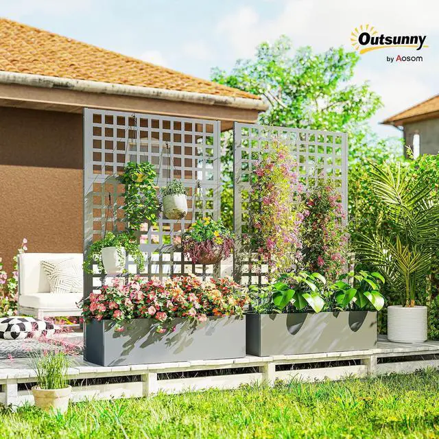 Alt view image 2 of 7 - Galvanized Raised Garden Bed 43" x 16" x 70" Gray Wood Effect | with Trellis, Metal Planter Box with Drainage Holes, Outdoor Privacy Screen for Climbing Plants, Vegetable, Vines, 2 Pack