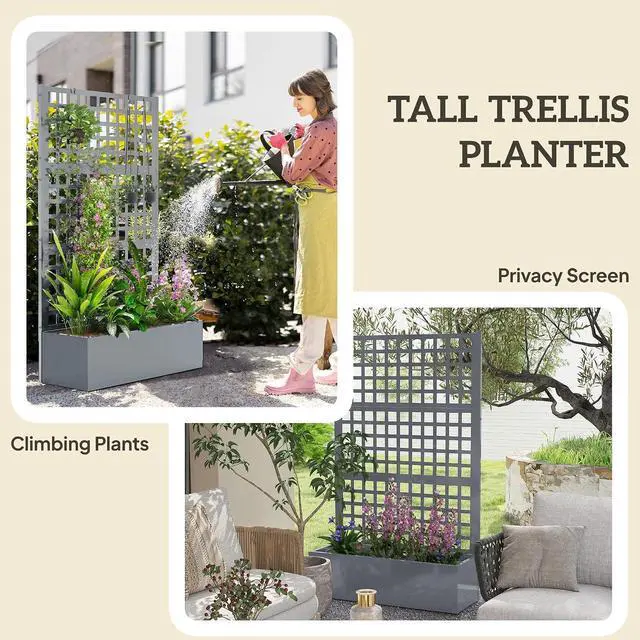 Alt view image 4 of 7 - Galvanized Raised Garden Bed 43" x 16" x 70" Gray Wood Effect | with Trellis, Metal Planter Box with Drainage Holes, Outdoor Privacy Screen for Climbing Plants, Vegetable, Vines, 2 Pack