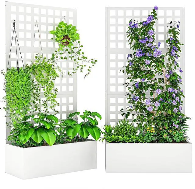Main image of Galvanized Raised Garden Bed with Trellis 35" x 16" x 70" White | Metal Planter Box, Drainage Holes, Outdoor Privacy Screen, for Climbing Plants, Vegetable, Vines, 2 Pack