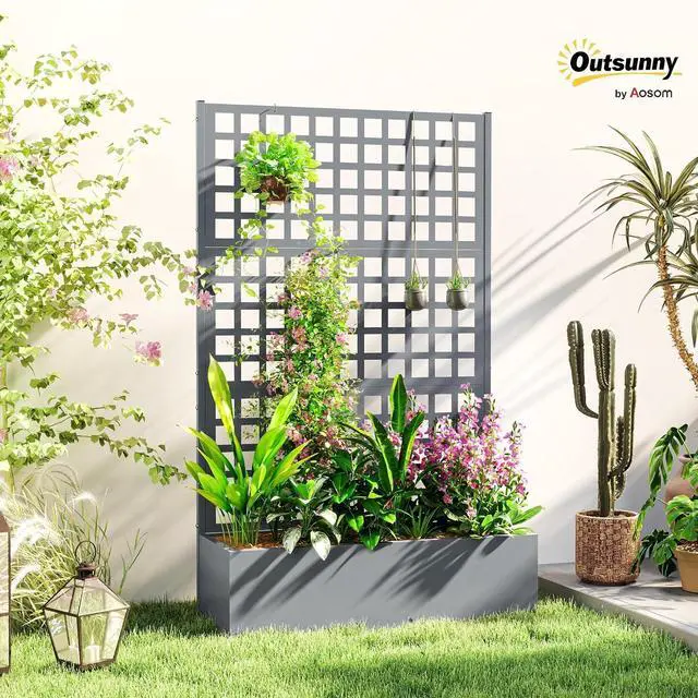 Alt view image 2 of 7 - Galvanized Raised Garden Bedw/Trellis 43"x16"x70" Gray Wood Effect | Metal Planter Box with Drainage Holes, Outdoor Privacy Screen, Planter with Trellis, Climbing Plants, Vegetable, Vines