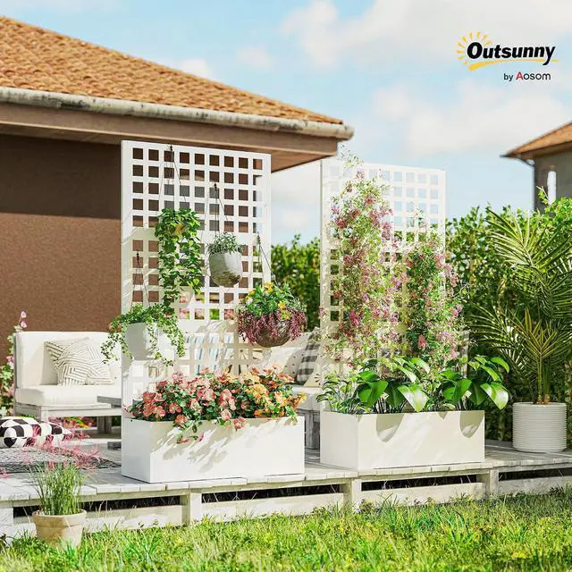 Alt view image 2 of 7 - Galvanized Raised Garden Bed with Trellis 35" x 16" x 70" White | Metal Planter Box, Drainage Holes, Outdoor Privacy Screen, for Climbing Plants, Vegetable, Vines, 2 Pack