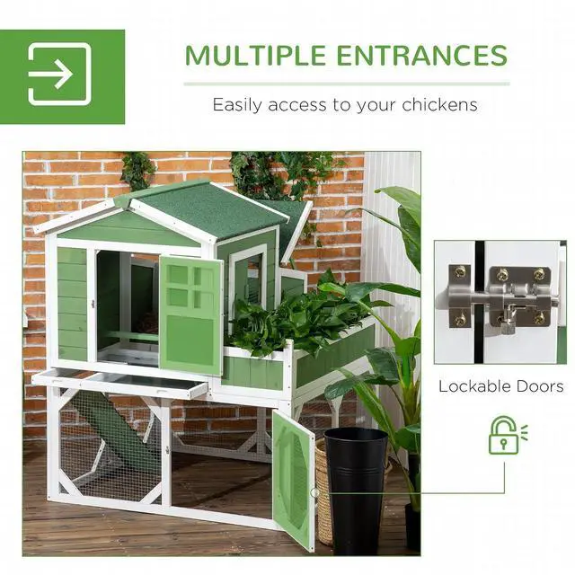 Alt view image 4 of 7 - PawHut 49" Small Chicken Coop Hen House with Garden Space 2-4 Birds Green | Chicken House Outdoor Run Cage with Weather Protection