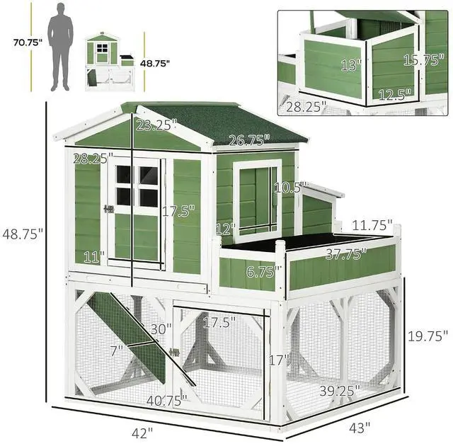 Alt view image 7 of 7 - PawHut 49" Small Chicken Coop Hen House with Garden Space 2-4 Birds Green | Chicken House Outdoor Run Cage with Weather Protection