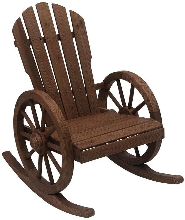 Main image of Wooden Rocking Chair Slatted Design Oversized Back Carbonized | Outdoor Adirondack Rocker Chair, Wagon Wheel Armrest, for Porch Poolside and Garden