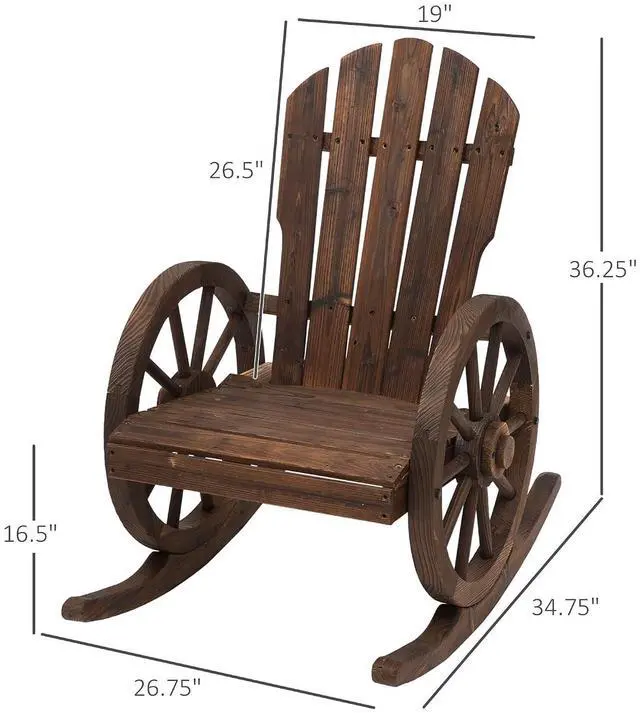 Alt view image 3 of 7 - Wooden Rocking Chair Slatted Design Oversized Back Carbonized | Outdoor Adirondack Rocker Chair, Wagon Wheel Armrest, for Porch Poolside and Garden