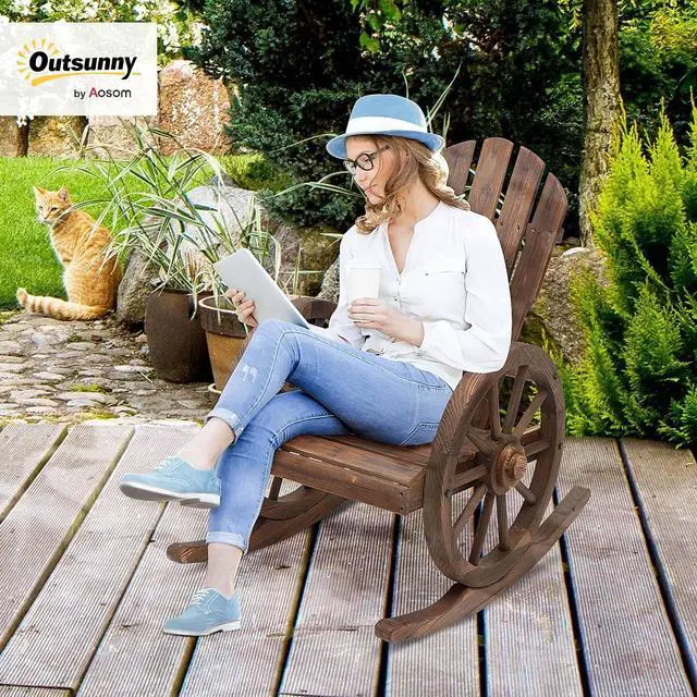 Alt view image 2 of 7 - Wooden Rocking Chair Slatted Design Oversized Back Carbonized | Outdoor Adirondack Rocker Chair, Wagon Wheel Armrest, for Porch Poolside and Garden