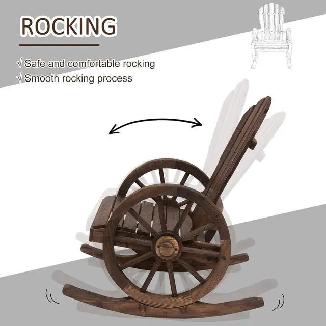 Alt view image 4 of 7 - Wooden Rocking Chair Slatted Design Oversized Back Carbonized | Outdoor Adirondack Rocker Chair, Wagon Wheel Armrest, for Porch Poolside and Garden