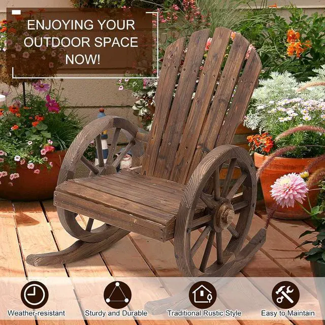 Alt view image 5 of 7 - Wooden Rocking Chair Slatted Design Oversized Back Carbonized | Outdoor Adirondack Rocker Chair, Wagon Wheel Armrest, for Porch Poolside and Garden