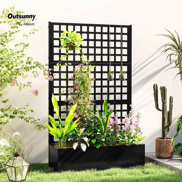 Alt view image 2 of 7 - Galvanized Raised Garden Bedw/Trellis 43"x16"x70" Black | Metal Planter Box with Drainage Holes, Outdoor Privacy Screen, Planter with Trellis, Climbing Plants, Vegetable, Vines