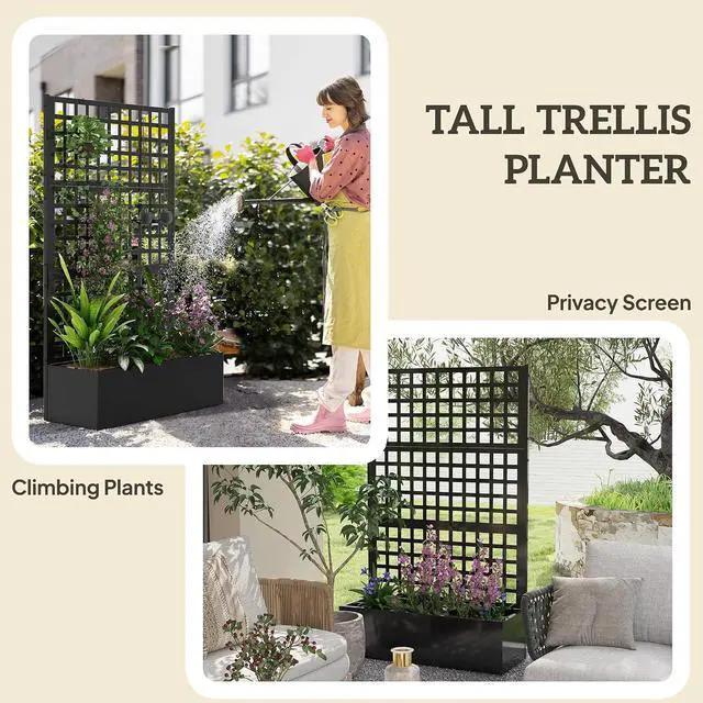 Alt view image 4 of 7 - Galvanized Raised Garden Bedw/Trellis 43"x16"x70" Black | Metal Planter Box with Drainage Holes, Outdoor Privacy Screen, Planter with Trellis, Climbing Plants, Vegetable, Vines