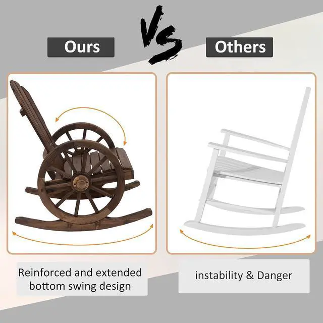 Alt view image 6 of 7 - Wooden Rocking Chair Slatted Design Oversized Back Carbonized | Outdoor Adirondack Rocker Chair, Wagon Wheel Armrest, for Porch Poolside and Garden