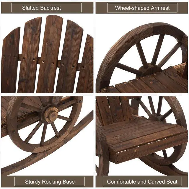 Alt view image 7 of 7 - Wooden Rocking Chair Slatted Design Oversized Back Carbonized | Outdoor Adirondack Rocker Chair, Wagon Wheel Armrest, for Porch Poolside and Garden