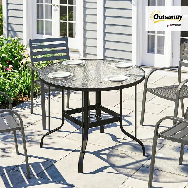 Alt view image 2 of 7 - 38" Round Patio Table with Umbrella Hole for Outdoor Dining Black | Tempered Glass Metal Frame Bistro Table, for Deck Yard Balcony Lawn Pool