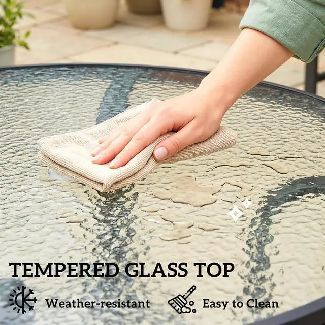Alt view image 4 of 7 - 38" Round Patio Table with Umbrella Hole for Outdoor Dining Black | Tempered Glass Metal Frame Bistro Table, for Deck Yard Balcony Lawn Pool