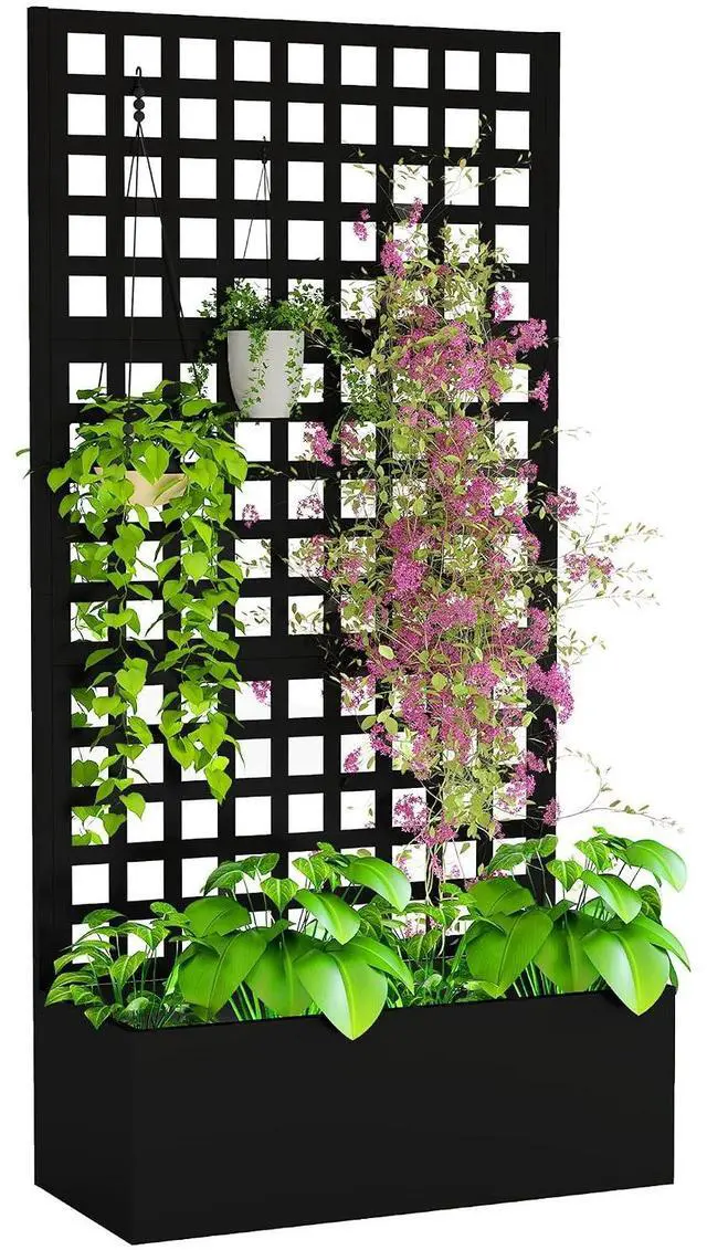 Main image of Galvanized Raised Garden Bedw/Trellis 35"x16"x70" Black | Metal Planter Box with Drainage Holes, Outdoor Privacy Screen, Planter with Trellis, Climbing Plants, Vegetable, Vines