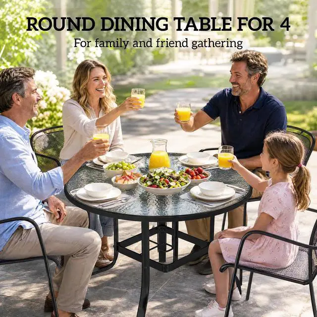 Alt view image 6 of 7 - 38" Round Patio Table with Umbrella Hole for Outdoor Dining Black | Tempered Glass Metal Frame Bistro Table, for Deck Yard Balcony Lawn Pool