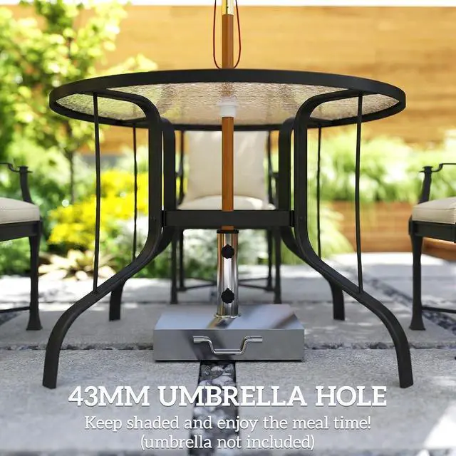 Alt view image 5 of 7 - 38" Round Patio Table with Umbrella Hole for Outdoor Dining Black | Tempered Glass Metal Frame Bistro Table, for Deck Yard Balcony Lawn Pool