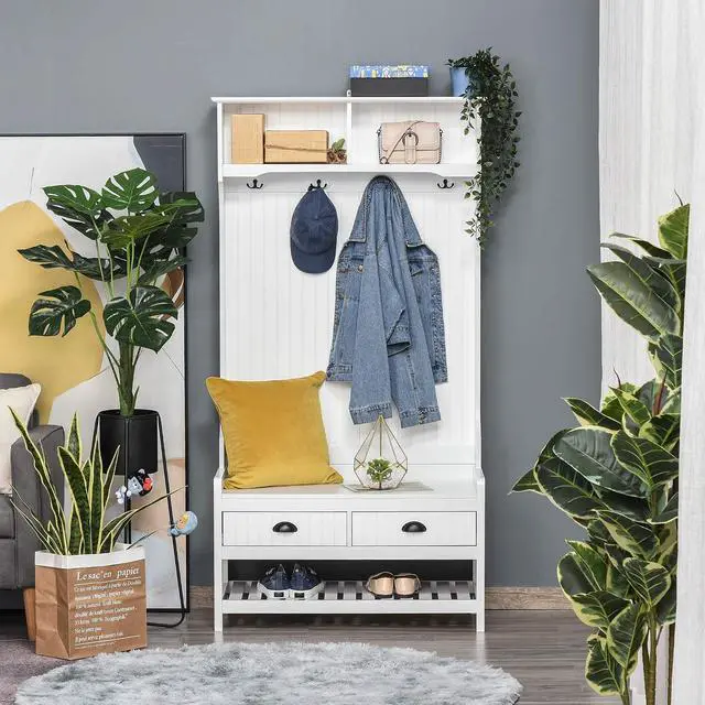 Main image of 3-in-1 Hall Tree Entryway Bench Coat Rack 2 Storage Drawers, White | Mudroom Bench with Shoe Rack, 4 Hooks, Padded Seat Cushions, for Hallway