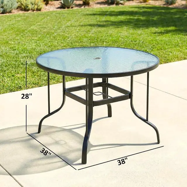 Alt view image 3 of 7 - 38" Round Patio Table with Umbrella Hole for Outdoor Dining Black | Tempered Glass Metal Frame Bistro Table, for Deck Yard Balcony Lawn Pool