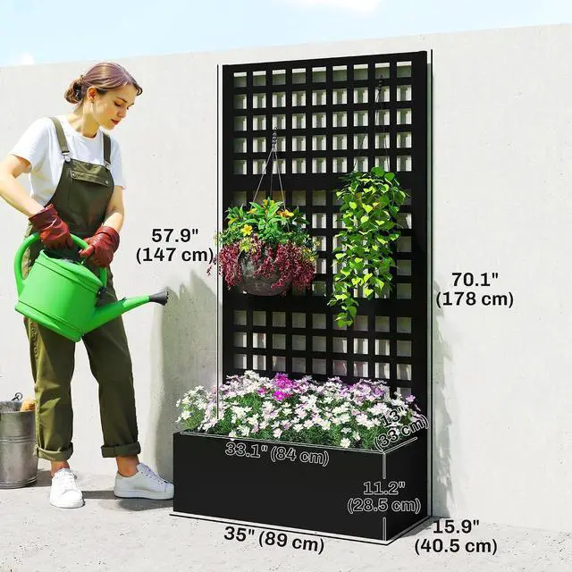 Alt view image 7 of 7 - Galvanized Raised Garden Bedw/Trellis 35"x16"x70" Black | Metal Planter Box with Drainage Holes, Outdoor Privacy Screen, Planter with Trellis, Climbing Plants, Vegetable, Vines