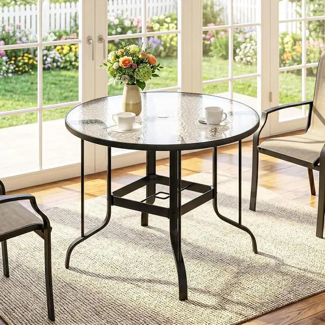 Alt view image 7 of 7 - 38" Round Patio Table with Umbrella Hole for Outdoor Dining Black | Tempered Glass Metal Frame Bistro Table, for Deck Yard Balcony Lawn Pool
