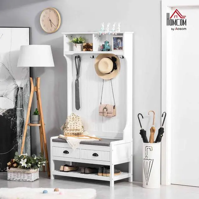 Alt view image 2 of 7 - 3-in-1 Hall Tree Entryway Bench Coat Rack 2 Storage Drawers, White | Mudroom Bench with Shoe Rack, 4 Hooks, Padded Seat Cushions, for Hallway