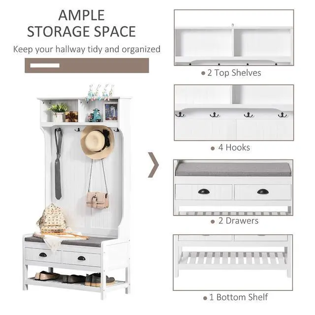 Alt view image 3 of 7 - 3-in-1 Hall Tree Entryway Bench Coat Rack 2 Storage Drawers, White | Mudroom Bench with Shoe Rack, 4 Hooks, Padded Seat Cushions, for Hallway