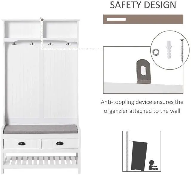 Alt view image 4 of 7 - 3-in-1 Hall Tree Entryway Bench Coat Rack 2 Storage Drawers, White | Mudroom Bench with Shoe Rack, 4 Hooks, Padded Seat Cushions, for Hallway