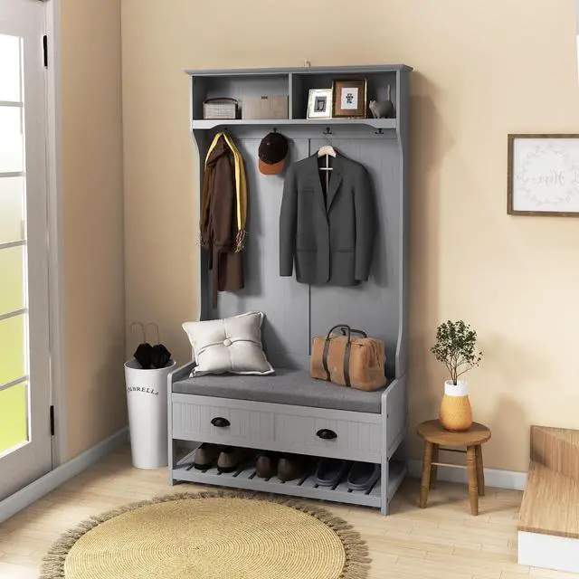 Alt view image 2 of 7 - 3-in-1 Hall Tree Entryway Bench Coat Rack 2 Storage Drawers, Gray | Mudroom Bench with Shoe Rack, 4 Hooks, Padded Seat Cushions, for Hallway